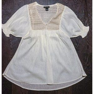 White Cotton Twill Blouse Top with Crochet Neck Detail
